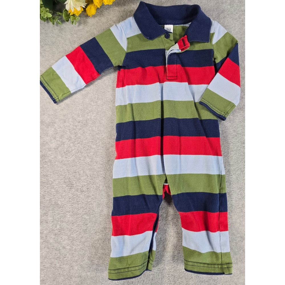 Vintage Y2K Baby Gap Romper 3-6m Boys Striped Rugby Long Sleeve Polo 2003 Fall